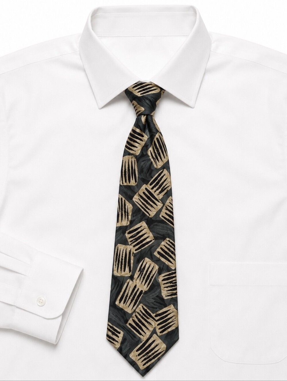 Bally Vintage Silk Tie Abstract Geometric Black Beige Grey Designer